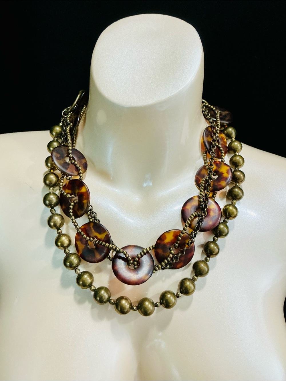 Premier Designs Tortoiseshell Disc & Antique Gold Multi-Strand Necklace